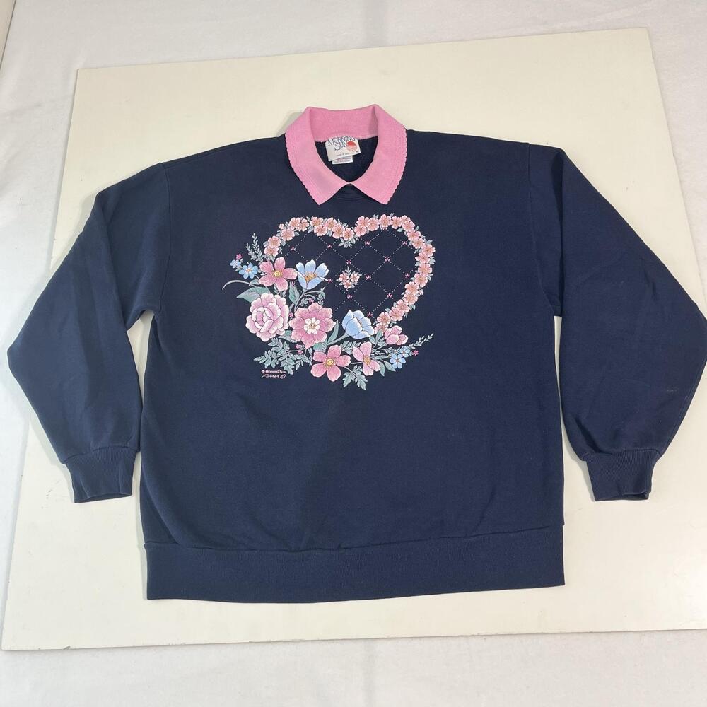 Vintage Morning Sun Sweatshirt Womens Large Blue Floral Heart Collar Valentine